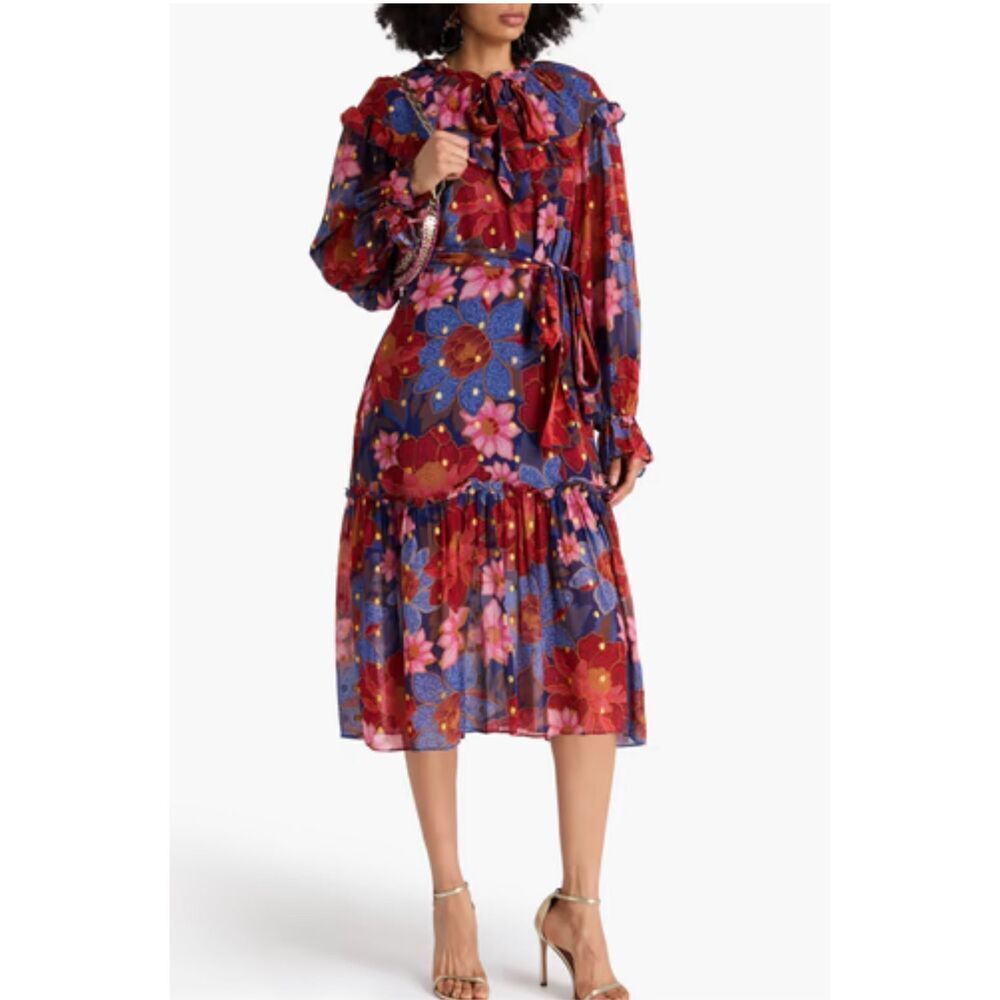 Farm Rio Garden Navy Blue Red Pink Floral Midi Dress no belt Size M